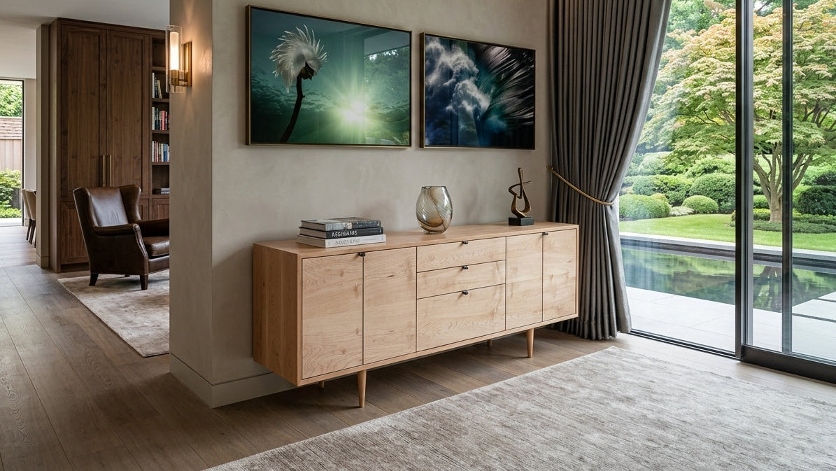 A modern interior room with a light wood sideboard cabinet against a beige wall, featuring two framed abstract landscape prints above it. Large floor-to-ceiling windows with dark gray curtains look out onto a green garden, and a rug covers the floor in the foreground.