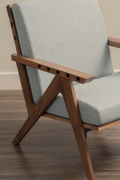 Walnut Envy chair frame with Mist Grey fabric - Hole Detail